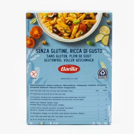 Back of Barilla Gluten Free Penne Rigate box displaying cooked penne dish and nutritional highlights