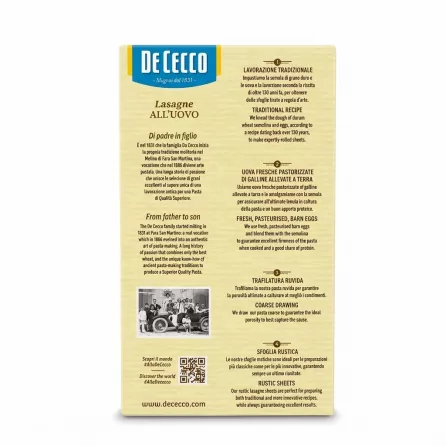 A professional studio photograph showcasing the back of the De Cecco Lasagne All’Uovo pasta box. The image is centered against a pure white background and detailed with clear descriptions of the product’s traditional recipes and preparation process.
