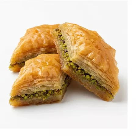 A close-up studio photograph of three pieces of diamond-shaped Sultan pistachio baklava on a solid white background, showcasing the flaky pastry layers and green nut filling.
