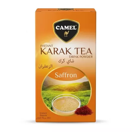 Front of Camel Instant Karak Tea Saffron box showing product name and saffron imagery