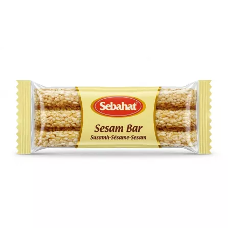 Front of Sebahat Sesame Bar 40g showing sesame seeds and product branding
