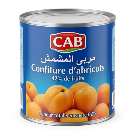 Front view of CAB Apricot Jam tin, 42% fruit content, blue label with apricot image
