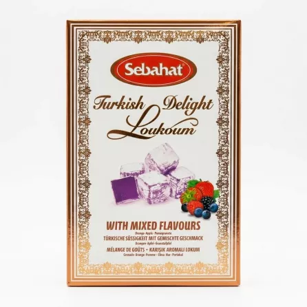 Front of Sebahat Turkish Delight Mixed Flavours box featuring fruit illustrations