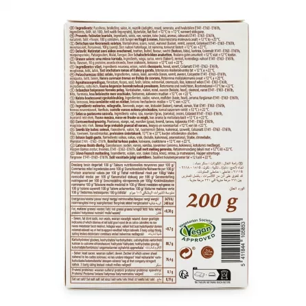 A clean, studio photograph of the back of a 200g Sebahat Turkish Delight Mixed Flavours box, displaying ingredients list, nutritional information, and 'Vegan Society Approved' and 'Halal' symbols against a solid white background.