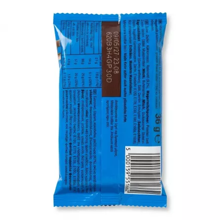 Back of a blue packet of M&M's Crispy showing ingredients and nutritional information