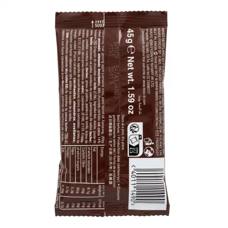 Back view of M&M's Chocolate 45g showing nutrition and ingredients