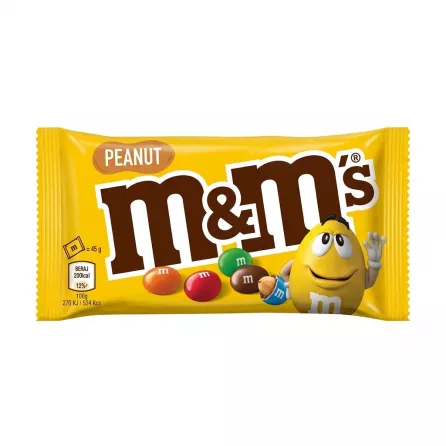 Front view of M&M's Peanut 45g pack in yellow packaging held in hand