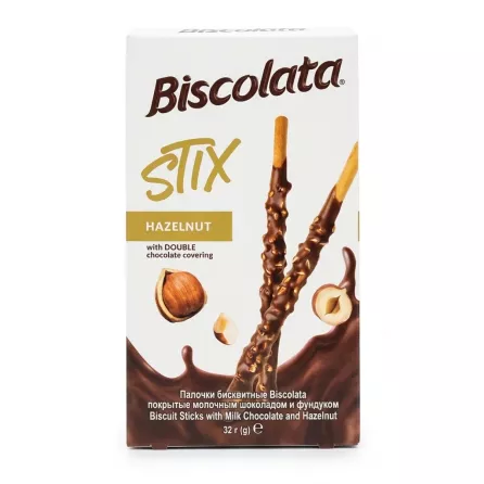 Front of Biscolata Stix Hazelnut Biscuit Sticks 32g box featuring chocolate and hazelnut imagery