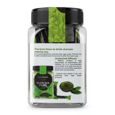 Back label of Chamain Matcha Pure jar detailing benefits and usage