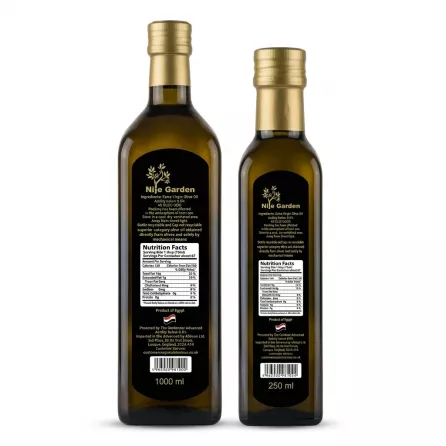 Back view of Nile Garden Extra Virgin Olive Oil bottles showing nutrition facts and ingredients