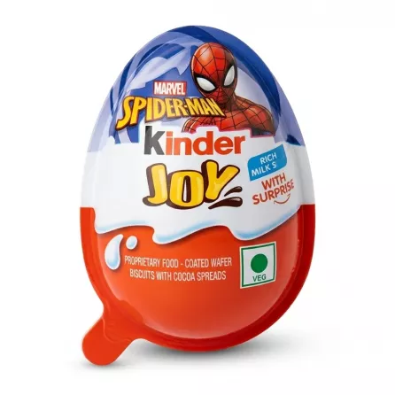 Front side of Kinder Joy Spider-Man chocolate egg showing branding and details