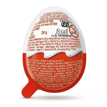 Back side of Kinder Joy Spider-Man chocolate egg displaying nutritional and ingredient information