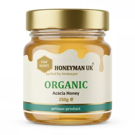 Front view of HONEyman UK Organic Acacia Honey jar 250g