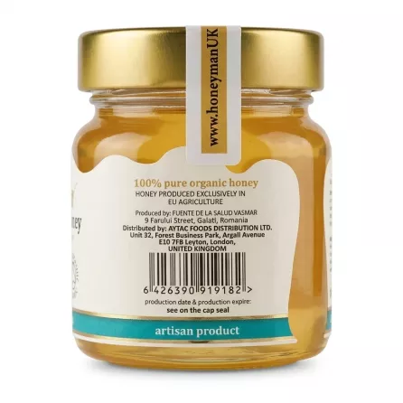 Back label showing barcode and EU agriculture information on HONEyman UK Organic Acacia Honey