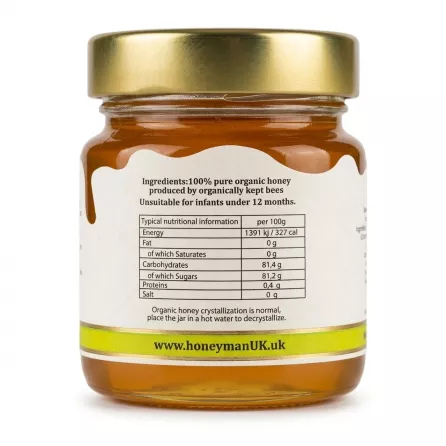 HONEyman UK Organic Linden Honey 250g jar back label with ingredients and nutritional information