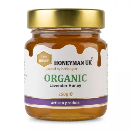 Front label of HONEyman UK Organic Lavander Honey 250g jar