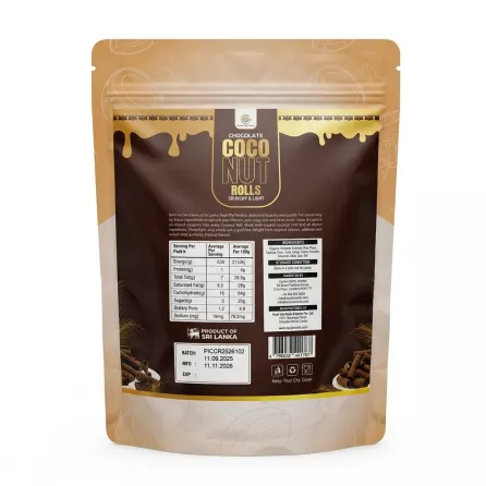 Back of Pearl Isle Foods Chocolate Coconut Rolls 100g with ingredients and nutrition info