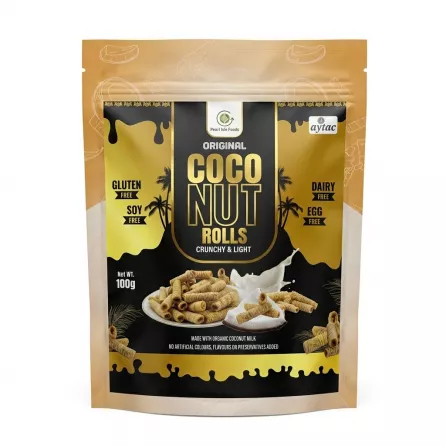 Front of Pearl Isle Foods Original Coconut Rolls packaging, 100g, showing product and key features