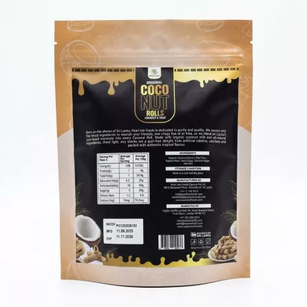 Back of Pearl Isle Foods Coconut Rolls pouch with nutritional information and ingredients