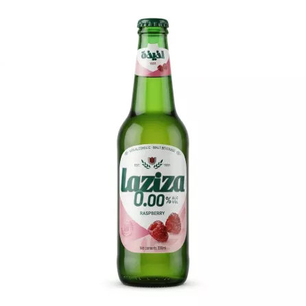 Front of Laziza Raspberry 0.00% Non-Alcoholic Malt Beverage 330ml bottle