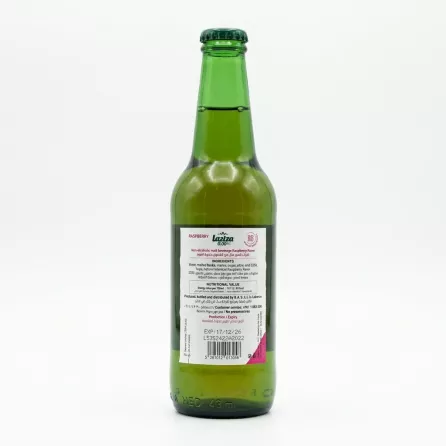 Back label showing ingredients and nutritional information of Laziza Raspberry 0.00%