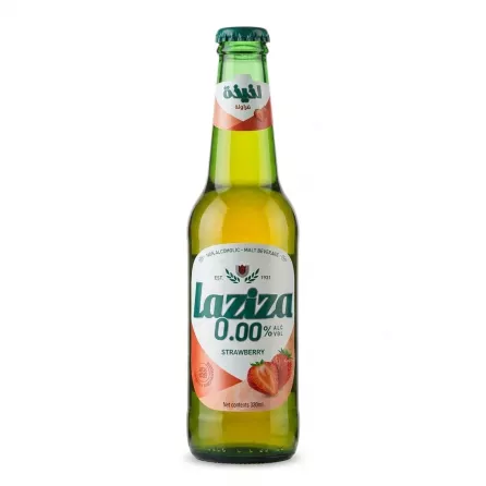Front of Laziza Strawberry 0.00% non-alcoholic malt beverage 330ml bottle
