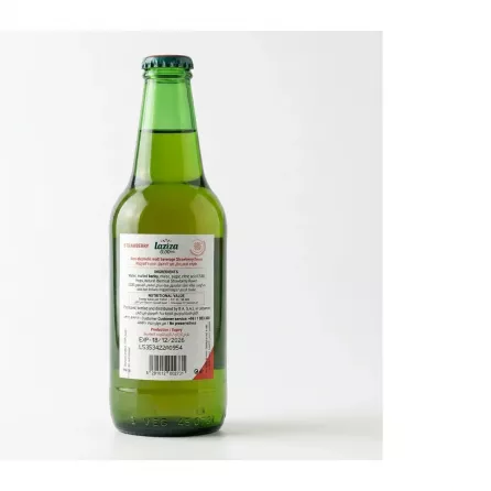 Back label of Laziza Strawberry 0.00% malt beverage with ingredients and barcode