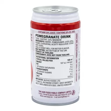 Back of FOCO Pomegranate Drink can showing ingredients and nutritional information
