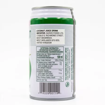 Rear label of FOCO Coconut Juice Drink 350ml showing nutritional information and barcode
