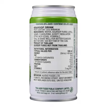 Back of FOCO Soursop Drink can with ingredients and nutrition details