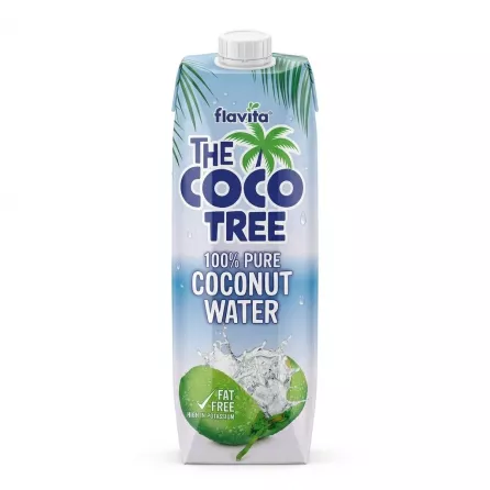 A 1-liter carton of Flavita The Coco Tree 100% Pure Coconut Water featuring a white screw cap and vibrant graphics including a coconut splash, highlighted as fat-free and high in potassium, against a clean white studio background.