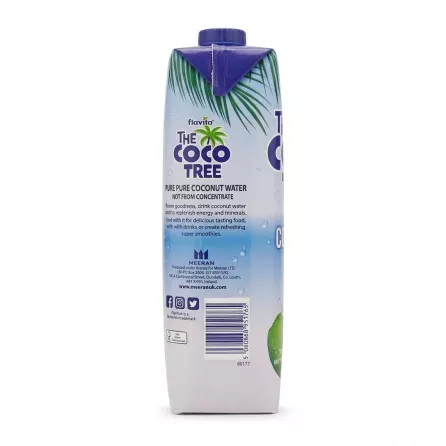 Side view of Flavita The Coco Tree Coconut Water carton featuring manufacturer details and barcode
