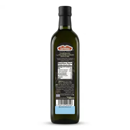 Back of Garusana 100% Greek Extra Virgin Olive Oil bottle showing nutrition and ingredients
