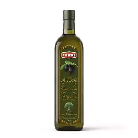 A 750ml glass bottle of Hana Virgin Olive Oil, featuring a detailed green label with images of whole olives and an olive tree, is centrally positioned against a clean white background.