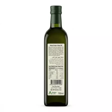 Back label of Hana Virgin Olive Oil 750ml with product details and nutrition facts