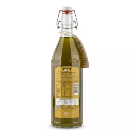 Back label of Farchioni Il Casolare Unfiltered Extra Virgin Olive Oil showing ingredients and nutritional values