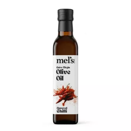 Front view of Mel's Extra Virgin Olive Oil Chilli flavour 250ml bottle