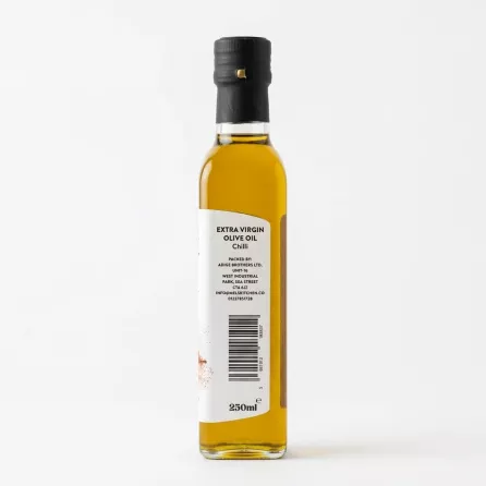 Back view of Mel's Extra Virgin Olive Oil Chilli with barcode and packing information
