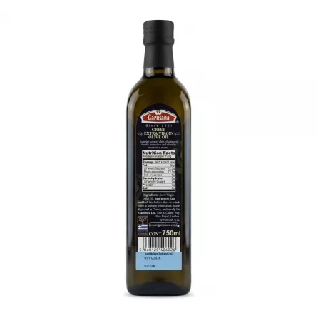 Back label and nutrition facts of Garusana Greek Extra Virgin Olive Oil 750ml