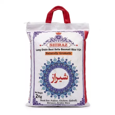 Front of Shiraz Long Grain Best Sella Basmati Rice 2kg bag with ornate pattern and red handles