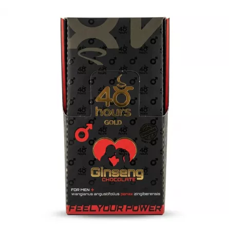 Front of 48 Hours Gold Ginseng Chocolate box with gold and red design