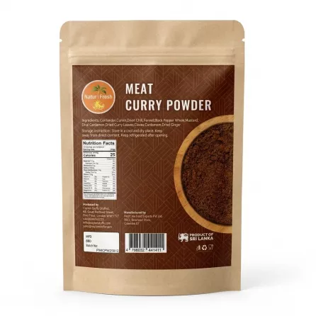 Back of NaturFresh Meat Curry Powder pouch showing ingredients and nutritional facts
