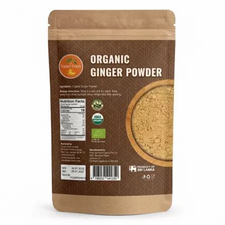 Back of Natur Fresh Organic Ginger Powder 50g showing nutritional information, certifications, barcode, and product details