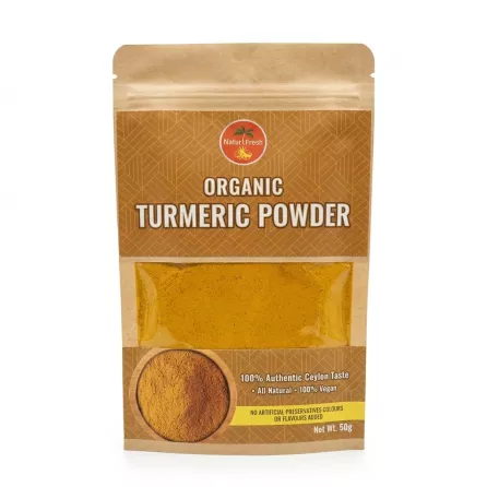 Front view of NaturFresh Organic Turmeric Powder 50g pouch with product price