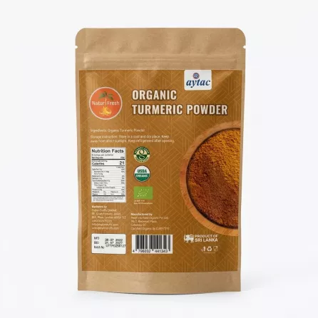Back of NaturFresh Organic Turmeric Powder package showing nutritional facts and barcode