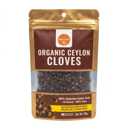 Front of Natur Fresh Organic Ceylon Cloves 50g pouch with price tag