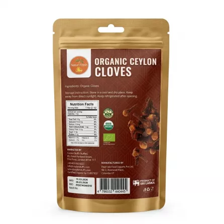Back of Natur Fresh Organic Ceylon Cloves 50g showing nutrition, certifications, and barcode