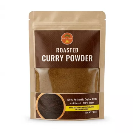Front of Natur Fresh Roasted Curry Powder 100g pouch, price label visible