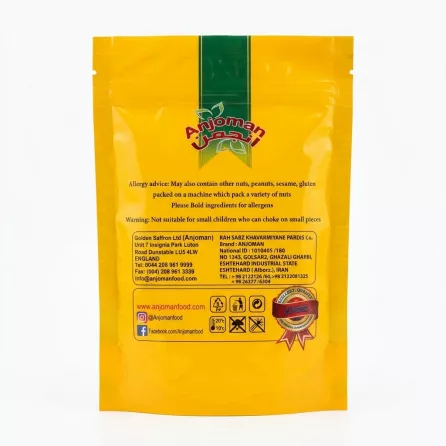 Back of Anjoman Chickpea Flour 100g pack with allergy advice and product details