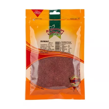 Front of Anjoman Sumac 100g pack with ingredients and price label